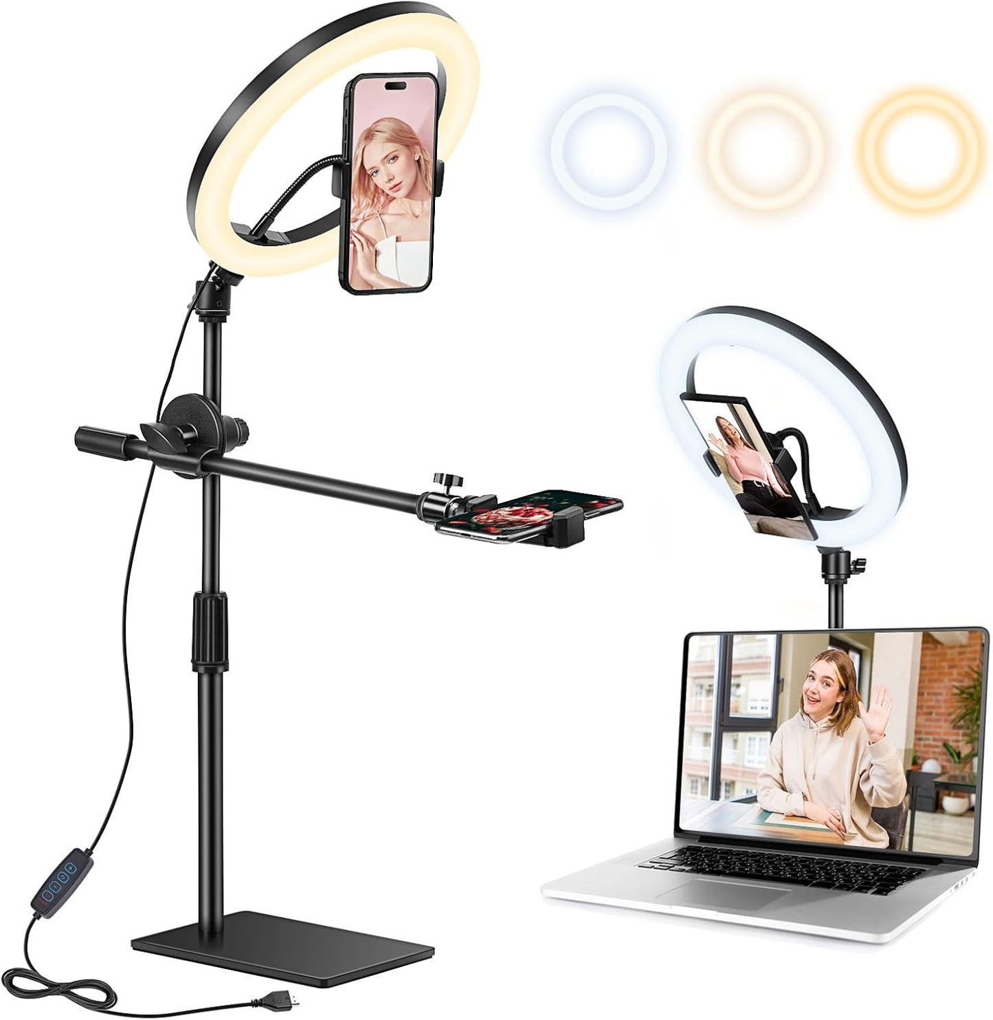 Saikkl 10 Zoll LED Ringlicht mit Stativ Handy mit Ringlicht, Dimmbare LED Tischringlicht