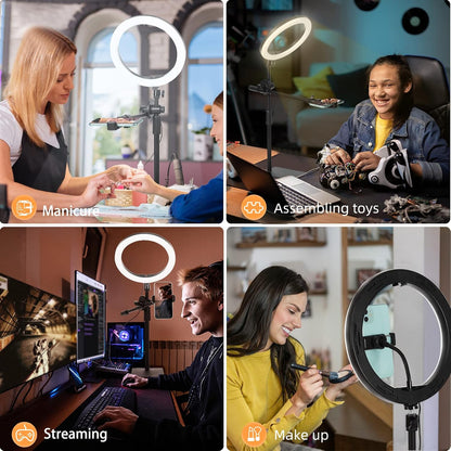 Saikkl 10 Zoll LED Ringlicht mit Stativ Handy mit Ringlicht, Dimmbare LED Tischringlicht