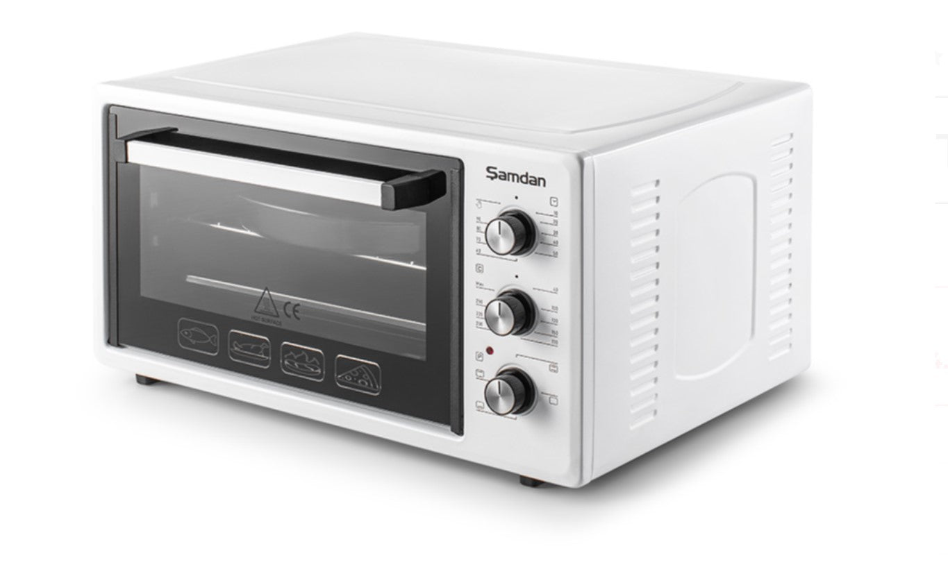 ŞAMDAN 2003 Minibackofen mit Kochplatten 48 L Thermostatsteuerung 1300W, Timer und Temperaturregelung Inox