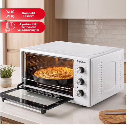 ŞAMDAN 2003 Minibackofen mit Kochplatten 48 L Thermostatsteuerung 1300W, Timer und Temperaturregelung Inox