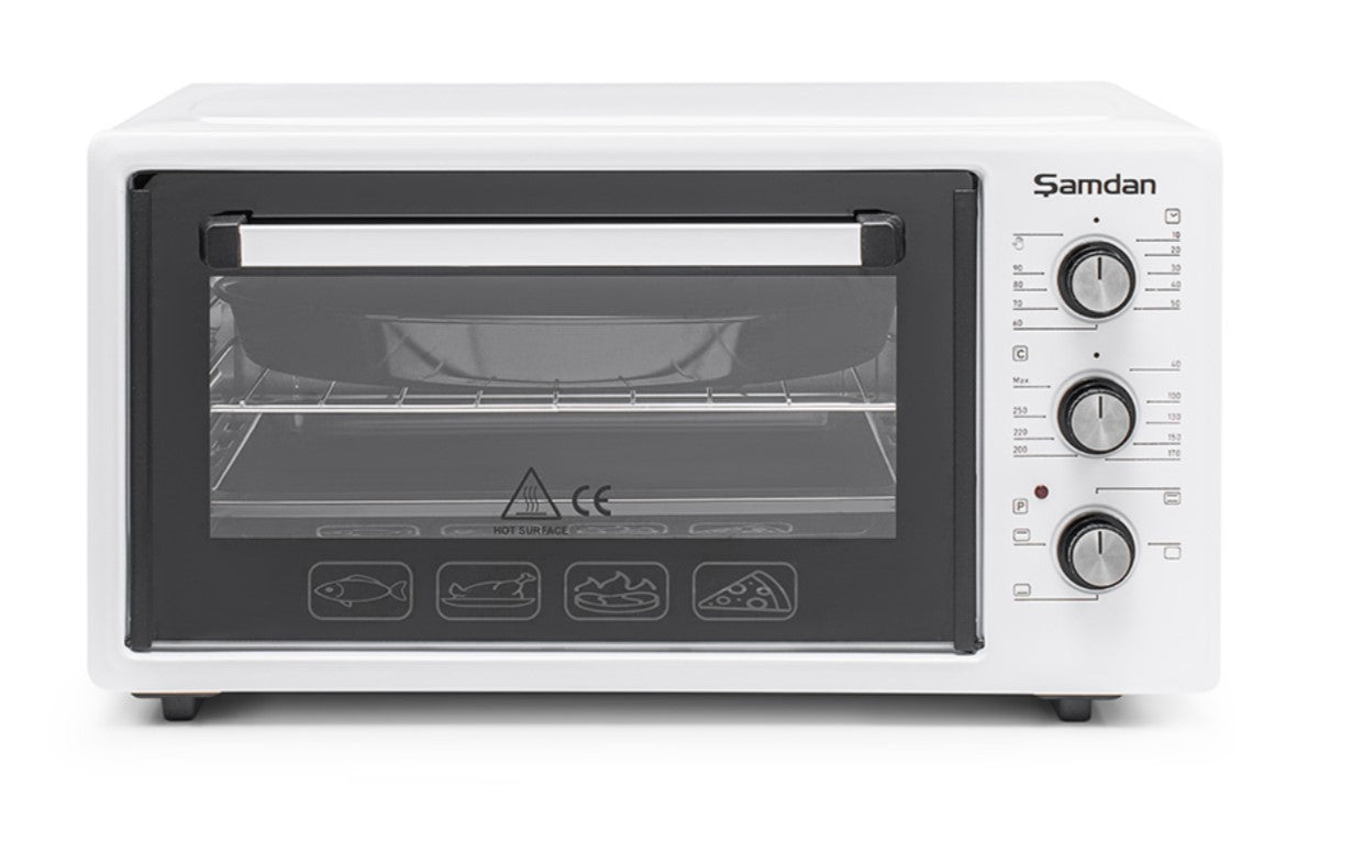 ŞAMDAN 2003 Minibackofen mit Kochplatten 48 L Thermostatsteuerung 1300W, Timer und Temperaturregelung Inox