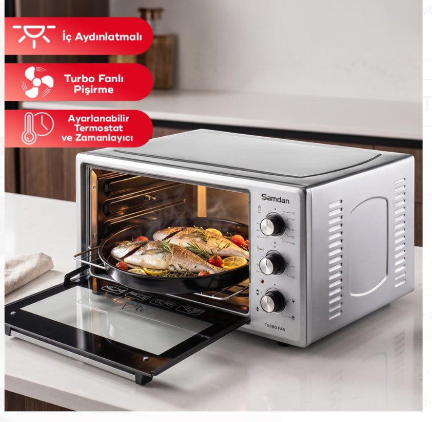 ŞAMDAN 2005 Minibackofen mit Kochplatten 48 L Thermostatsteuerung 1300W, Turbo, Timer, Backofenbeleuchtung, Temperaturregelung Inox