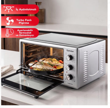 SAMDAN 2005 Minibackofen mit Kochplatten 48 L Thermostatsteuerung 1300W, Turbo, Timer, Backofenbeleuchtung, Temperaturregelung Inox