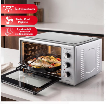 ŞAMDAN 2005 Minibackofen mit Kochplatten 48 L Thermostatsteuerung 1300W, Turbo, Timer, Backofenbeleuchtung, Temperaturregelung Inox