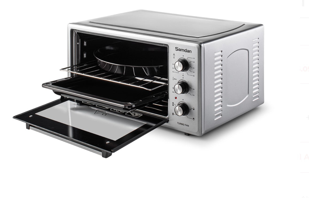 ŞAMDAN 2005 Minibackofen mit Kochplatten 48 L Thermostatsteuerung 1300W, Turbo, Timer, Backofenbeleuchtung, Temperaturregelung Inox