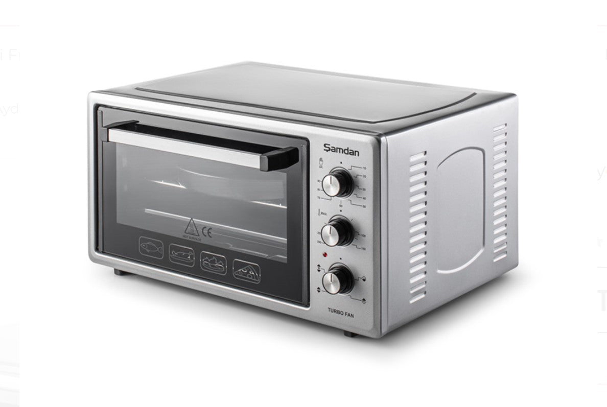 ŞAMDAN 2005 Minibackofen mit Kochplatten 48 L Thermostatsteuerung 1300W, Turbo, Timer, Backofenbeleuchtung, Temperaturregelung Inox