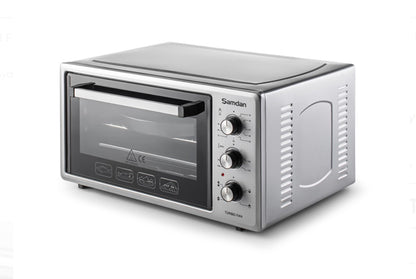 ŞAMDAN 2005 Minibackofen mit Kochplatten 48 L Thermostatsteuerung 1300W, Turbo, Timer, Backofenbeleuchtung, Temperaturregelung Inox