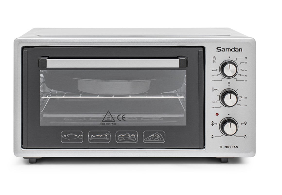 ŞAMDAN 2005 Minibackofen mit Kochplatten 48 L Thermostatsteuerung 1300W, Turbo, Timer, Backofenbeleuchtung, Temperaturregelung Inox