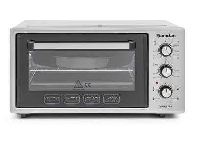 ŞAMDAN 2005 Minibackofen mit Kochplatten 48 L Thermostatsteuerung 1300W, Turbo, Timer, Backofenbeleuchtung, Temperaturregelung Inox