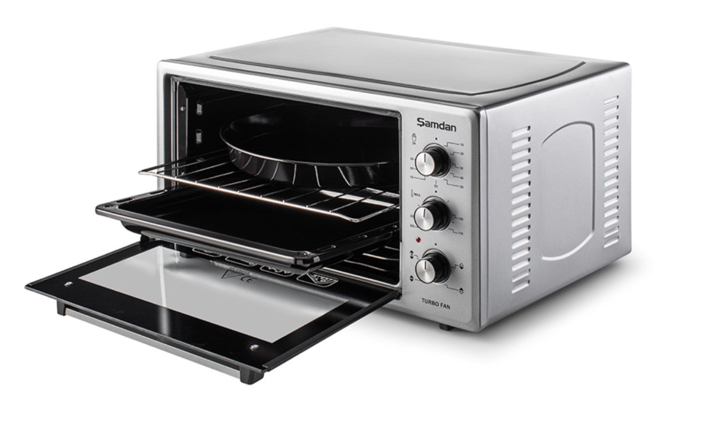 ŞAMDAN 2005 Minibackofen mit Kochplatten 48 L Thermostatsteuerung 1300W, Turbo, Timer, Backofenbeleuchtung, Temperaturregelung Inox