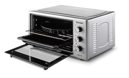 ŞAMDAN 2005 Minibackofen mit Kochplatten 48 L Thermostatsteuerung 1300W, Turbo, Timer, Backofenbeleuchtung, Temperaturregelung Inox