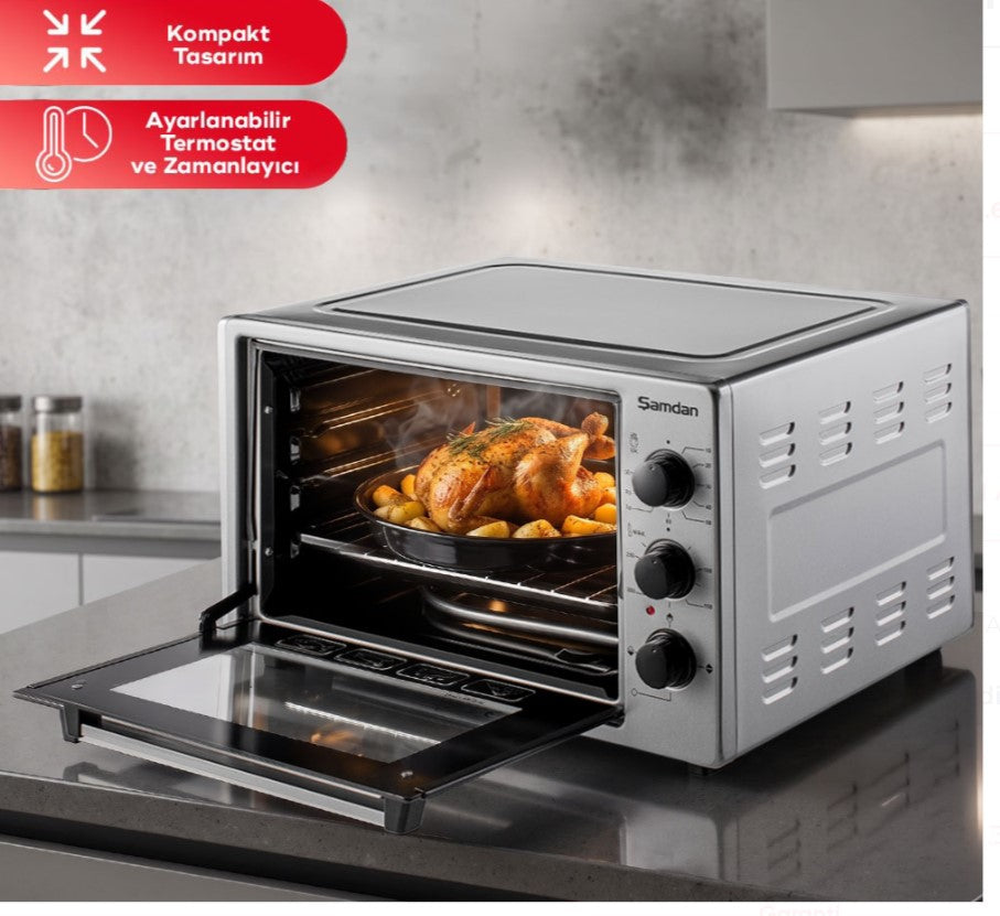 ŞAMDAN 2011 Minibackofen mit Kochplatten 40 L Thermostatsteuerung 1300W, Timer und Temperaturregelung Inox