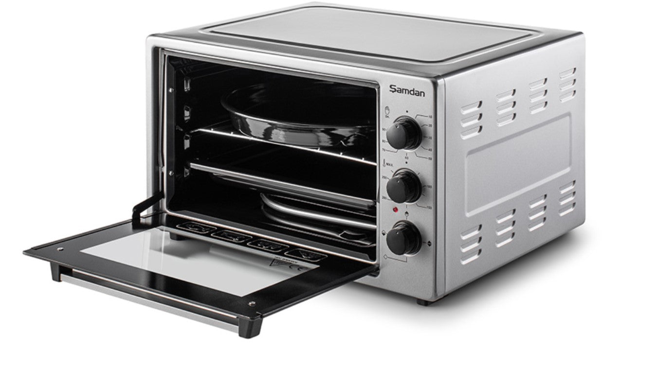 ŞAMDAN 2011 Minibackofen mit Kochplatten 40 L Thermostatsteuerung 1300W, Timer und Temperaturregelung Inox