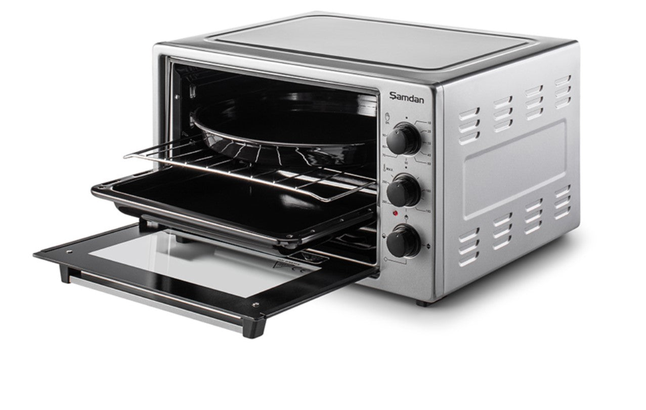 ŞAMDAN 2011 Minibackofen mit Kochplatten 40 L Thermostatsteuerung 1300W, Timer und Temperaturregelung Inox
