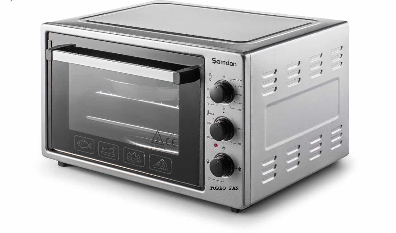 ŞAMDAN 2013 Minibackofen mit Kochplatten 40 L Thermostatsteuerung 1300W, Turbo, Timer, Backofenbeleuchtung, Temperaturregelung Inox