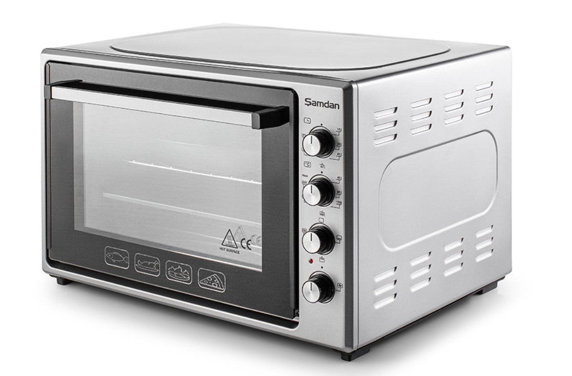 ŞAMDAN 2024 Minibackofen mit Kochplatten 70 L Doppelverglasung , 1300W, Hähnchen-Drehspieß, Thermostatsteuerung, Turbo, Timer, Backofenbeleuchtung, Temperaturregelung Inox