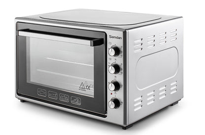 ŞAMDAN 2024 Minibackofen mit Kochplatten 70 L Doppelverglasung , 1300W, Hähnchen-Drehspieß, Thermostatsteuerung, Turbo, Timer, Backofenbeleuchtung, Temperaturregelung Inox