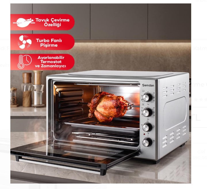 ŞAMDAN 2024 Minibackofen mit Kochplatten 70 L Doppelverglasung , 1300W, Hähnchen-Drehspieß, Thermostatsteuerung, Turbo, Timer, Backofenbeleuchtung, Temperaturregelung Inox