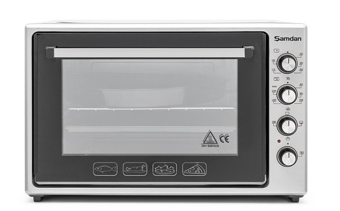 ŞAMDAN 2024 Minibackofen mit Kochplatten 70 L Doppelverglasung , 1300W, Hähnchen-Drehspieß, Thermostatsteuerung, Turbo, Timer, Backofenbeleuchtung, Temperaturregelung Inox