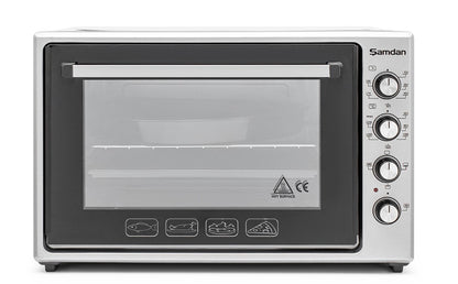 ŞAMDAN 2024 Minibackofen mit Kochplatten 70 L Doppelverglasung , 1300W, Hähnchen-Drehspieß, Thermostatsteuerung, Turbo, Timer, Backofenbeleuchtung, Temperaturregelung Inox