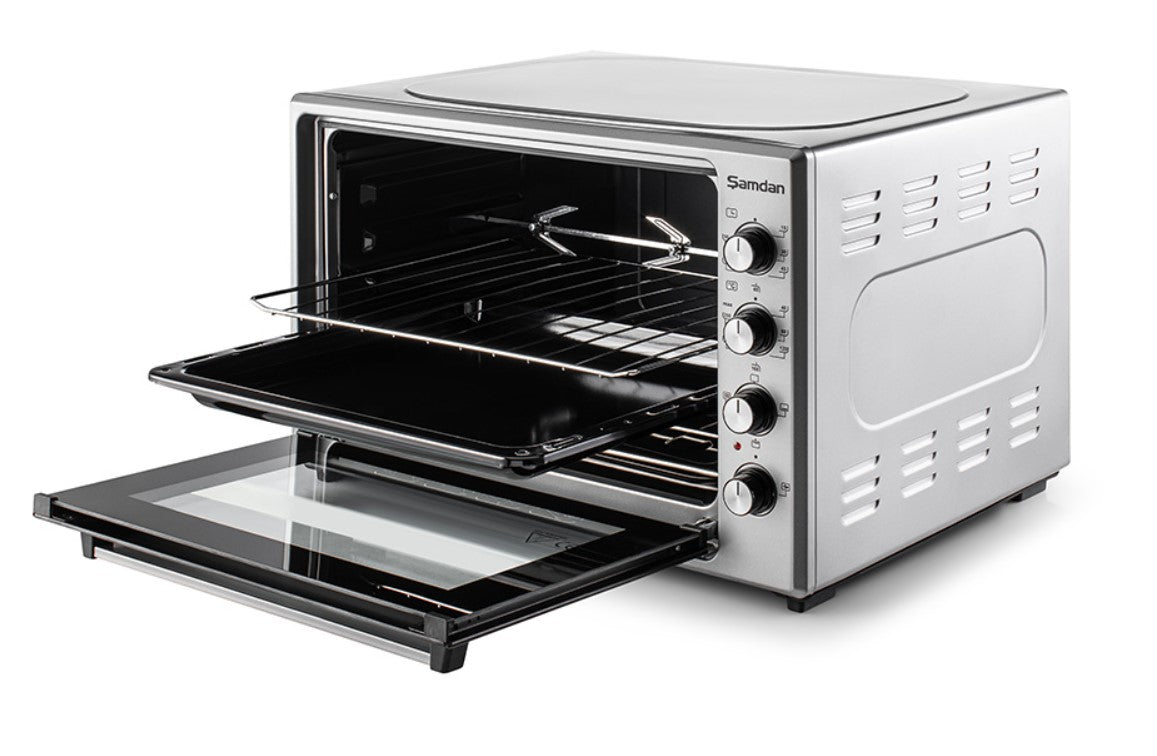 ŞAMDAN 2024 Minibackofen mit Kochplatten 70 L Doppelverglasung , 1300W, Hähnchen-Drehspieß, Thermostatsteuerung, Turbo, Timer, Backofenbeleuchtung, Temperaturregelung Inox