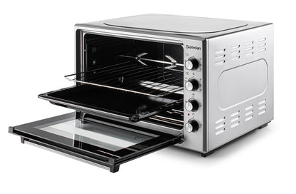ŞAMDAN 2024 Minibackofen mit Kochplatten 70 L Doppelverglasung , 1300W, Hähnchen-Drehspieß, Thermostatsteuerung, Turbo, Timer, Backofenbeleuchtung, Temperaturregelung Inox