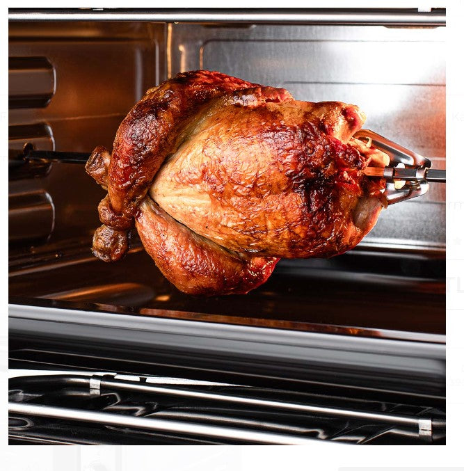 ŞAMDAN 2024 Minibackofen mit Kochplatten 70 L Doppelverglasung , 1300W, Hähnchen-Drehspieß, Thermostatsteuerung, Turbo, Timer, Backofenbeleuchtung, Temperaturregelung Inox