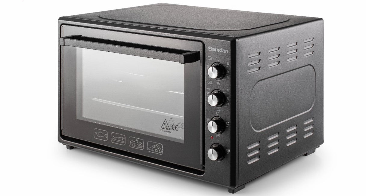 ŞAMDAN 2024 Minibackofen mit Kochplatten 70 L Doppelverglasung , 1300W, Hähnchen-Drehspieß, Thermostatsteuerung, Turbo, Timer, Backofenbeleuchtung, Temperaturregelung Schwarz