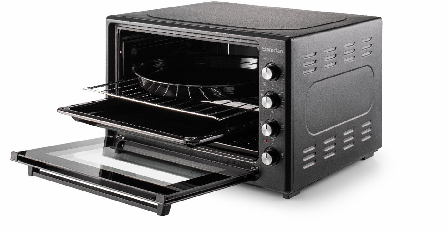 ŞAMDAN 2024 Minibackofen mit Kochplatten 70 L Doppelverglasung , 1300W, Hähnchen-Drehspieß, Thermostatsteuerung, Turbo, Timer, Backofenbeleuchtung, Temperaturregelung Schwarz