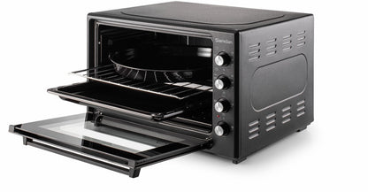ŞAMDAN 2024 Minibackofen mit Kochplatten 70 L Doppelverglasung , 1300W, Hähnchen-Drehspieß, Thermostatsteuerung, Turbo, Timer, Backofenbeleuchtung, Temperaturregelung Schwarz