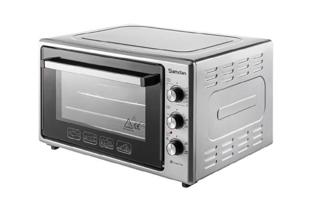 ŞAMDAN 2033 Minibackofen mit Kochplatten 60 L Thermostatsteuerung 1300W, Doppelverglasung,Turbo, Timer, Backofenbeleuchtung, Temperaturregelung Inox