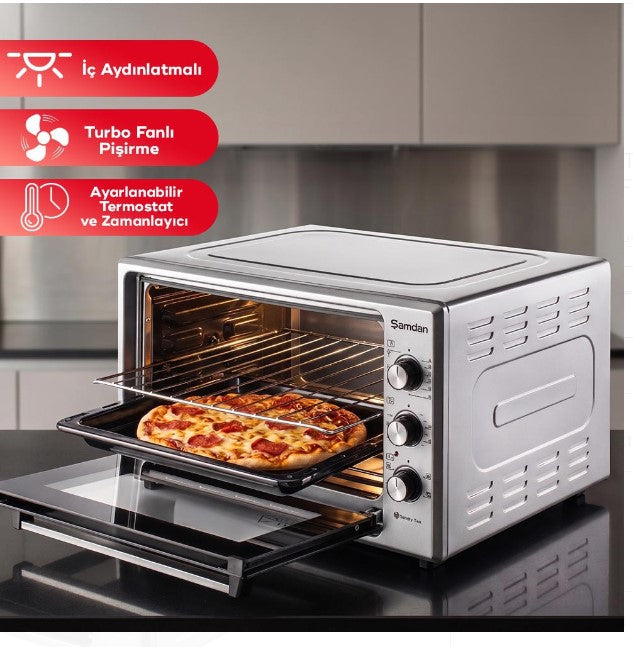 ŞAMDAN 2033 Minibackofen mit Kochplatten 60 L Thermostatsteuerung 1300W, Doppelverglasung,Turbo, Timer, Backofenbeleuchtung, Temperaturregelung Inox