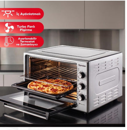 ŞAMDAN 2033 Minibackofen mit Kochplatten 60 L Thermostatsteuerung 1300W, Doppelverglasung,Turbo, Timer, Backofenbeleuchtung, Temperaturregelung Inox