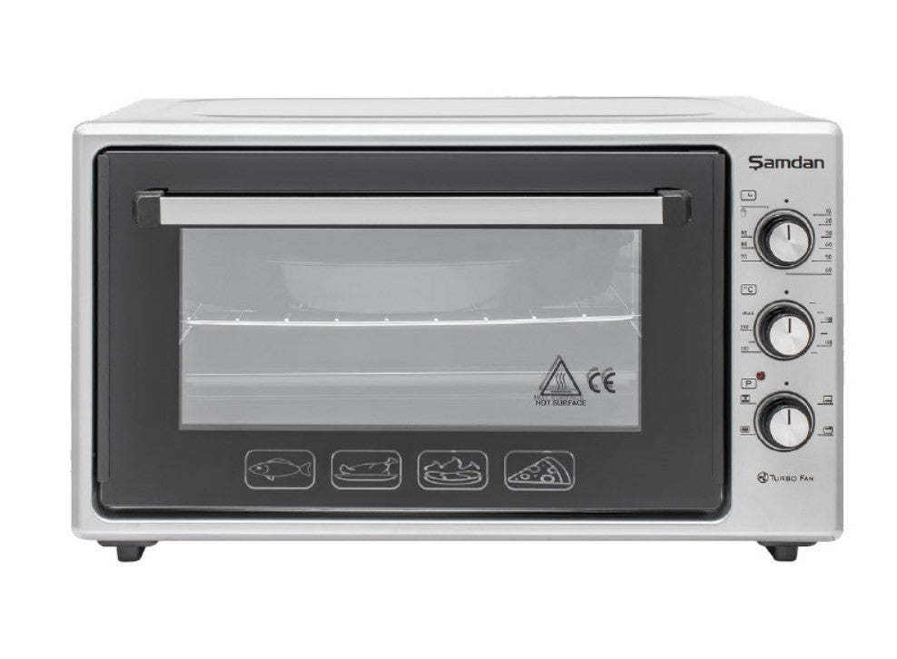 ŞAMDAN 2033 Minibackofen mit Kochplatten 60 L Thermostatsteuerung 1300W, Doppelverglasung,Turbo, Timer, Backofenbeleuchtung, Temperaturregelung Inox