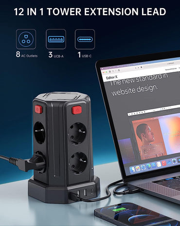 Sameriver 8 Fach Steckdosenleiste mit 3M Kabel, mit 3 USB A, 1 USB C 5 Schalter