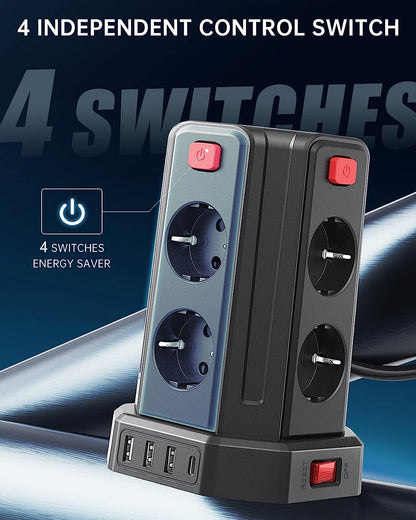 Sameriver 8 Fach Steckdosenleiste mit 3M Kabel, mit 3 USB A, 1 USB C 5 Schalter