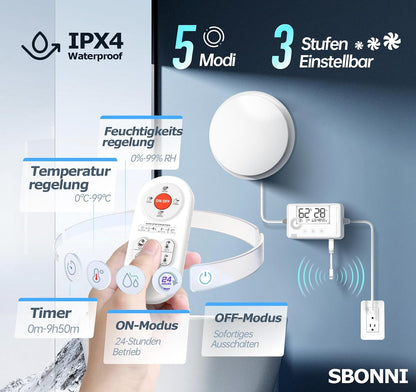 SBONNI 3 Stufen Bad Lüfter  100mm mit Feuchtigkeitssensor Temperatursensor Timer