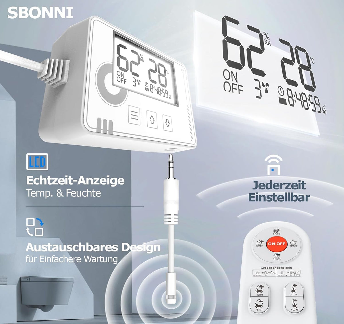 SBONNI 3 Stufen Bad Lüfter  100mm mit Feuchtigkeitssensor Temperatursensor Timer