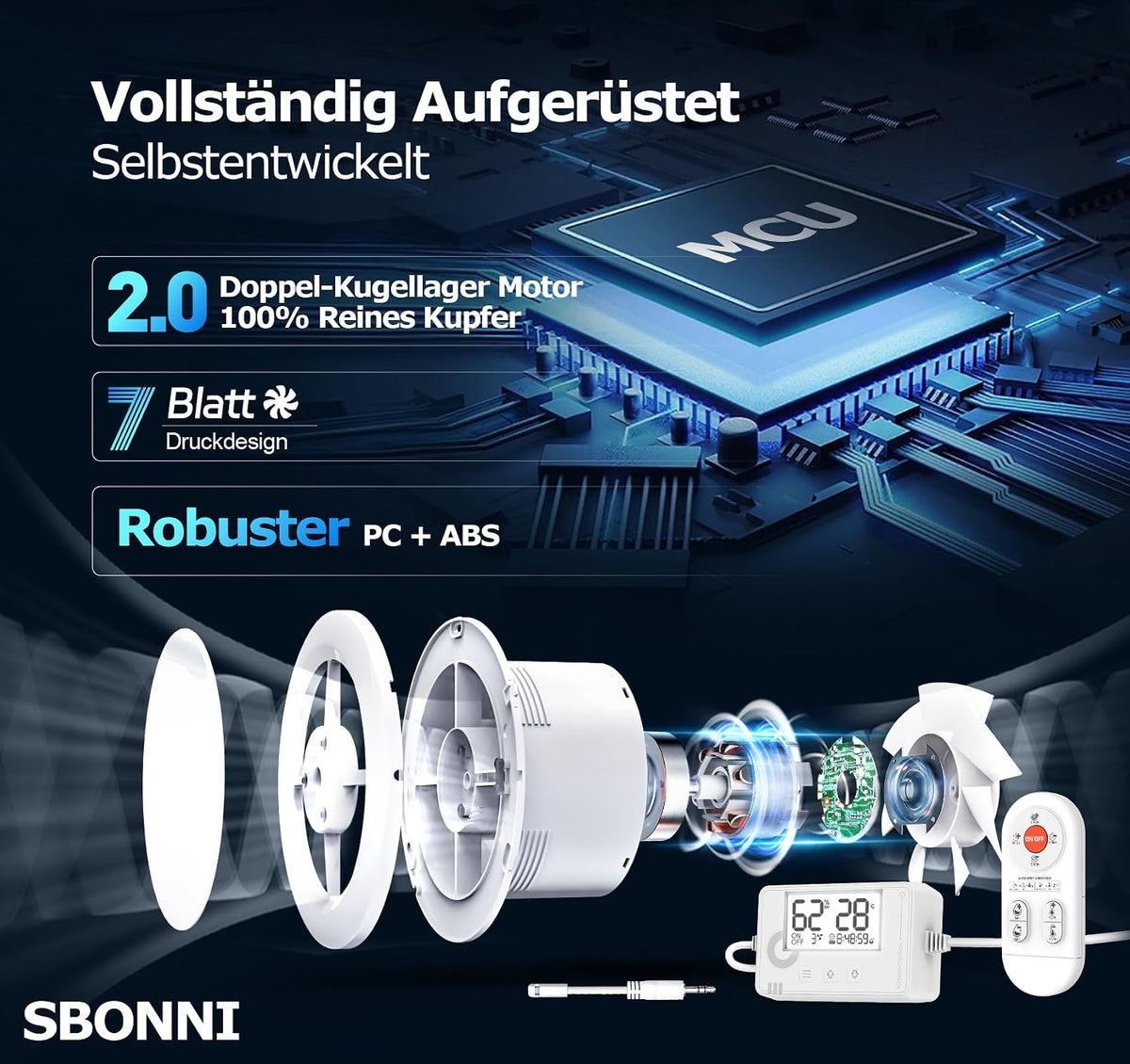 SBONNI 3 Stufen Bad Lüfter  100mm mit Feuchtigkeitssensor Temperatursensor Timer