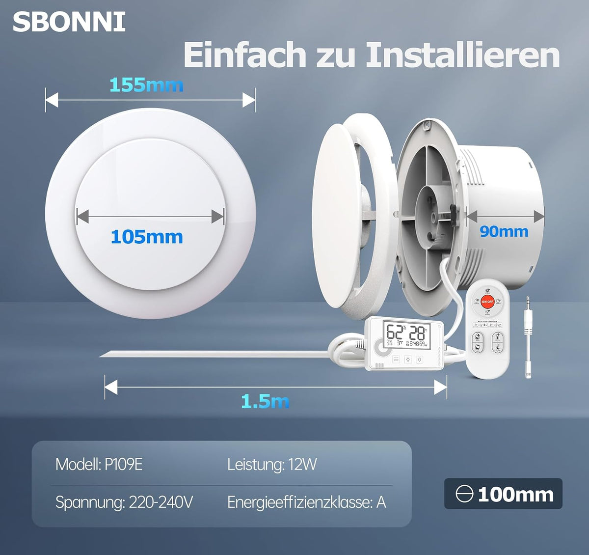 SBONNI 3 Stufen Bad Lüfter  100mm mit Feuchtigkeitssensor Temperatursensor Timer