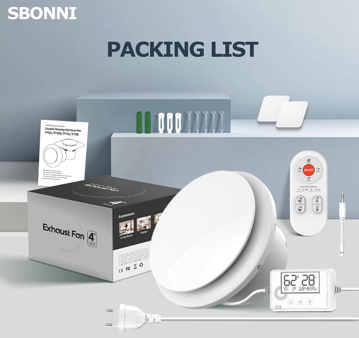 SBONNI 3 Stufen Bad Lüfter  100mm mit Feuchtigkeitssensor Temperatursensor Timer