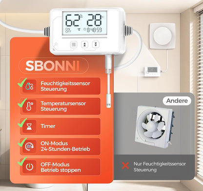 Sbonni Badlüfter mit Feuchtigkeitssensor Temperatursensor Timer 100mm P117