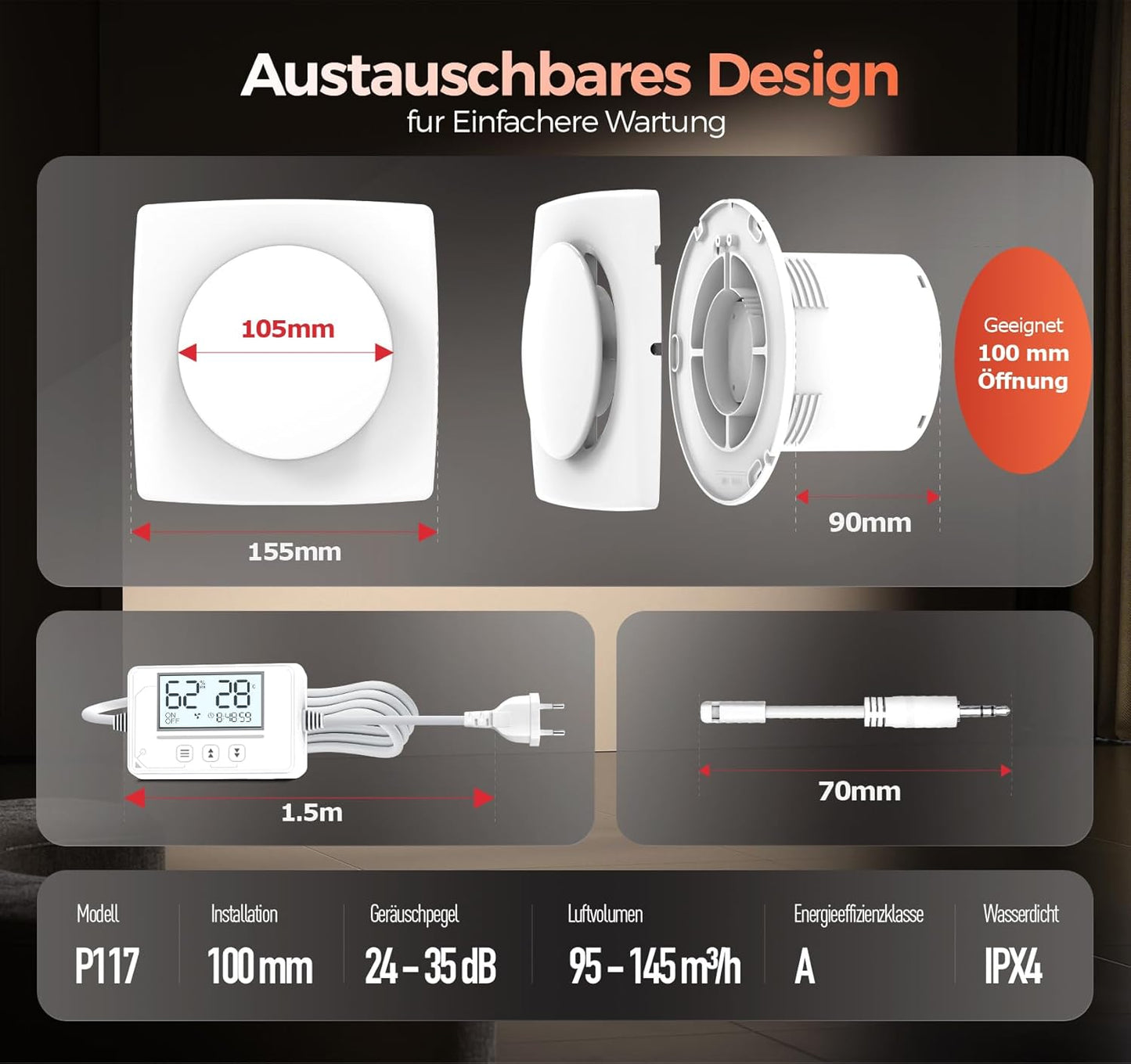 Sbonni Badlüfter mit Feuchtigkeitssensor Temperatursensor Timer 100mm P117