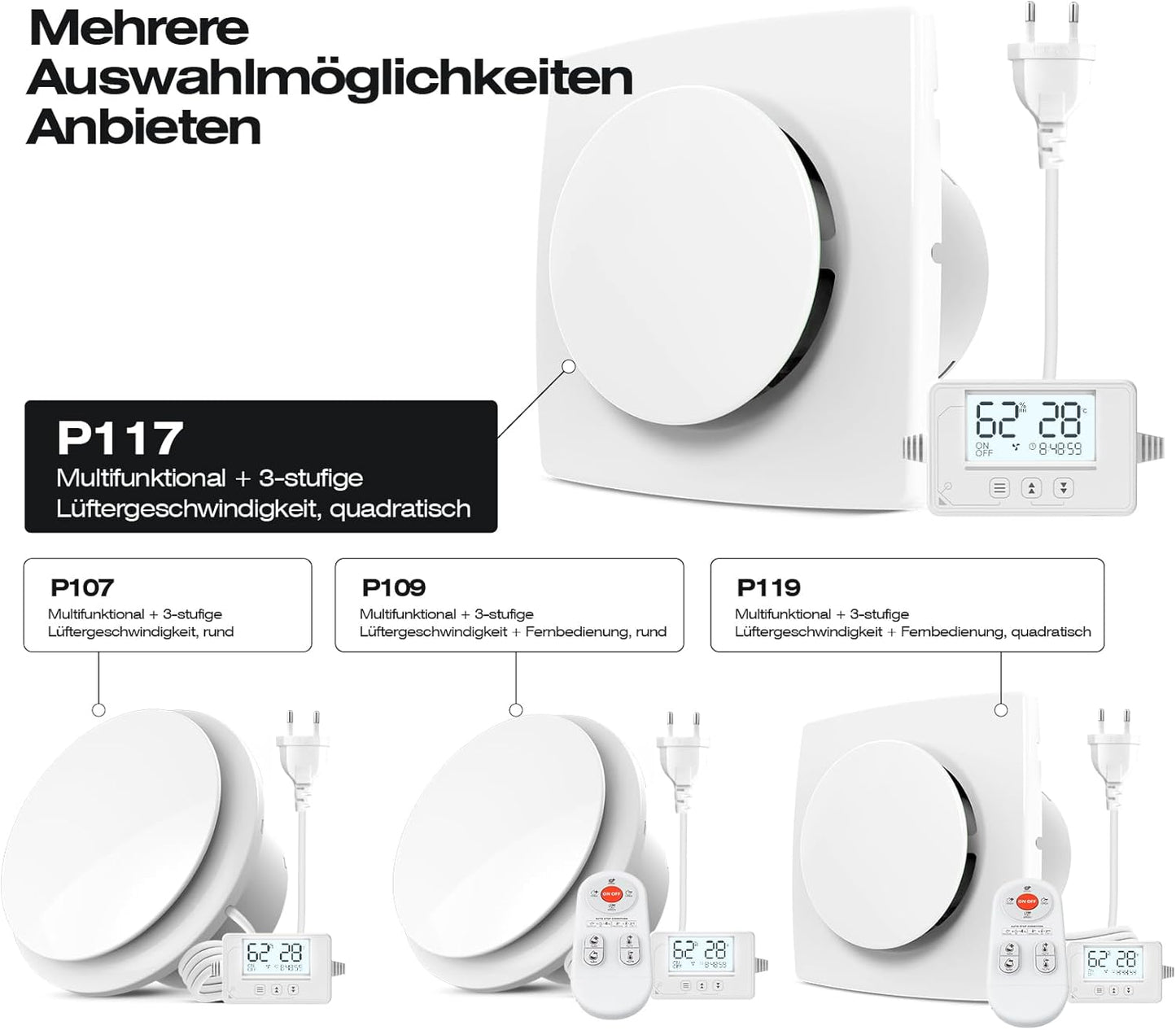 Sbonni Badlüfter mit Feuchtigkeitssensor Temperatursensor Timer 100mm P117