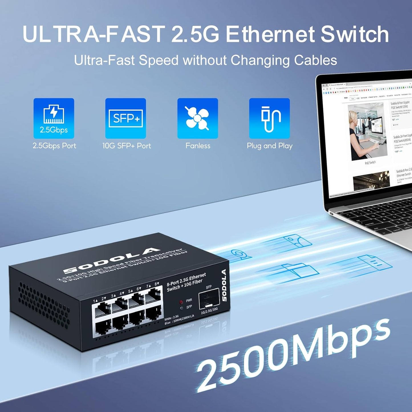 SODOLA 8-Port 2.5 Gbit Switch Unmanaged,8 x 2.5GBASE-T Ports
