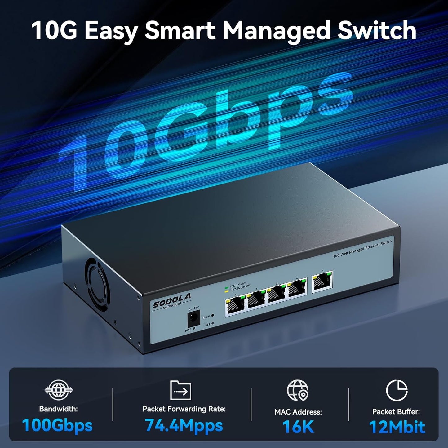 SODOLA 5-Port 10Gbit Easy Web Managed Switch,Netzwerk Switch , 5×10GBase-T Ports