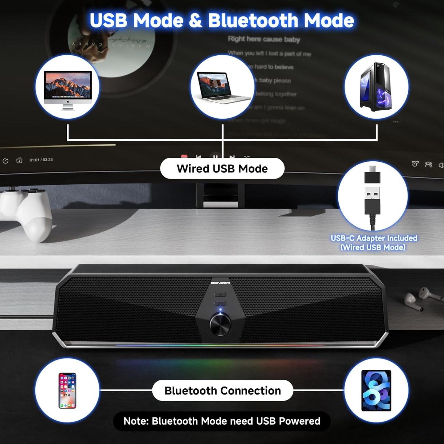 SENZER CS30 PC Lautsprecher für PC Computer Soundbar  Schwarz
