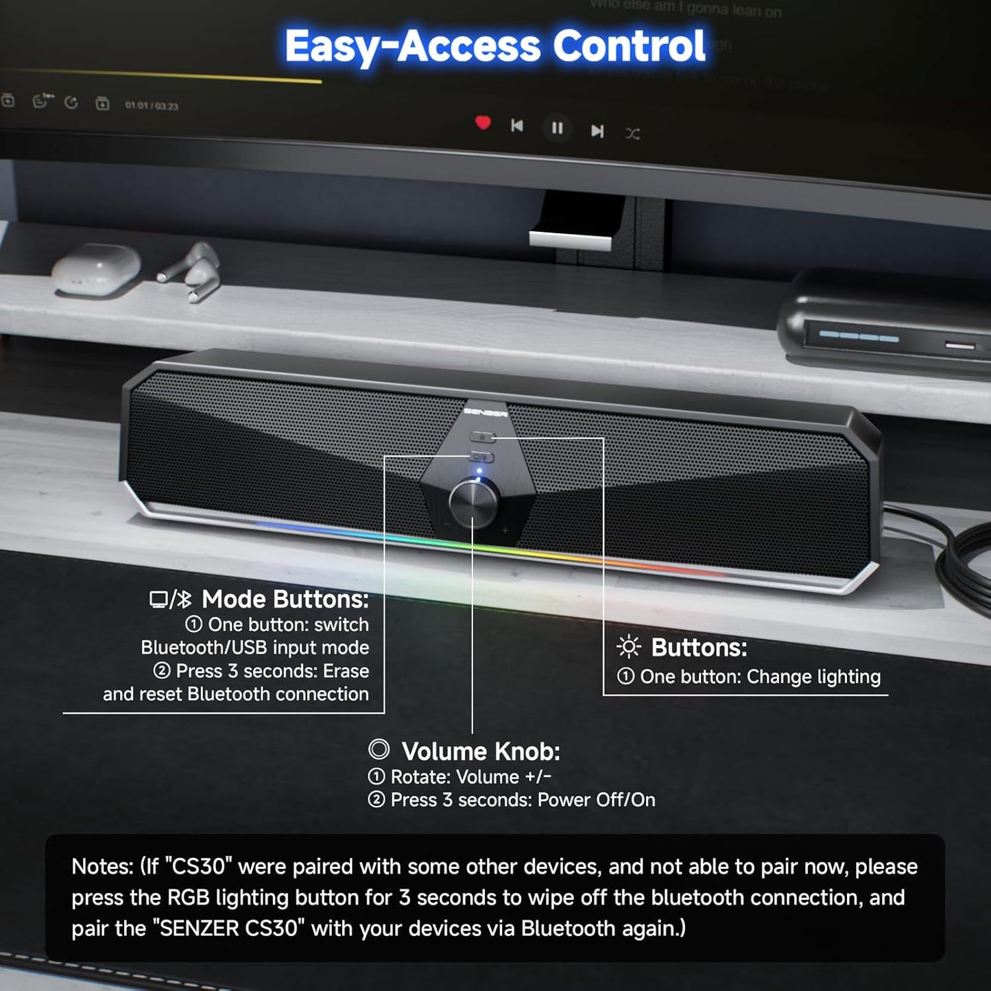 SENZER CS30 PC Lautsprecher für PC Computer Soundbar  Schwarz