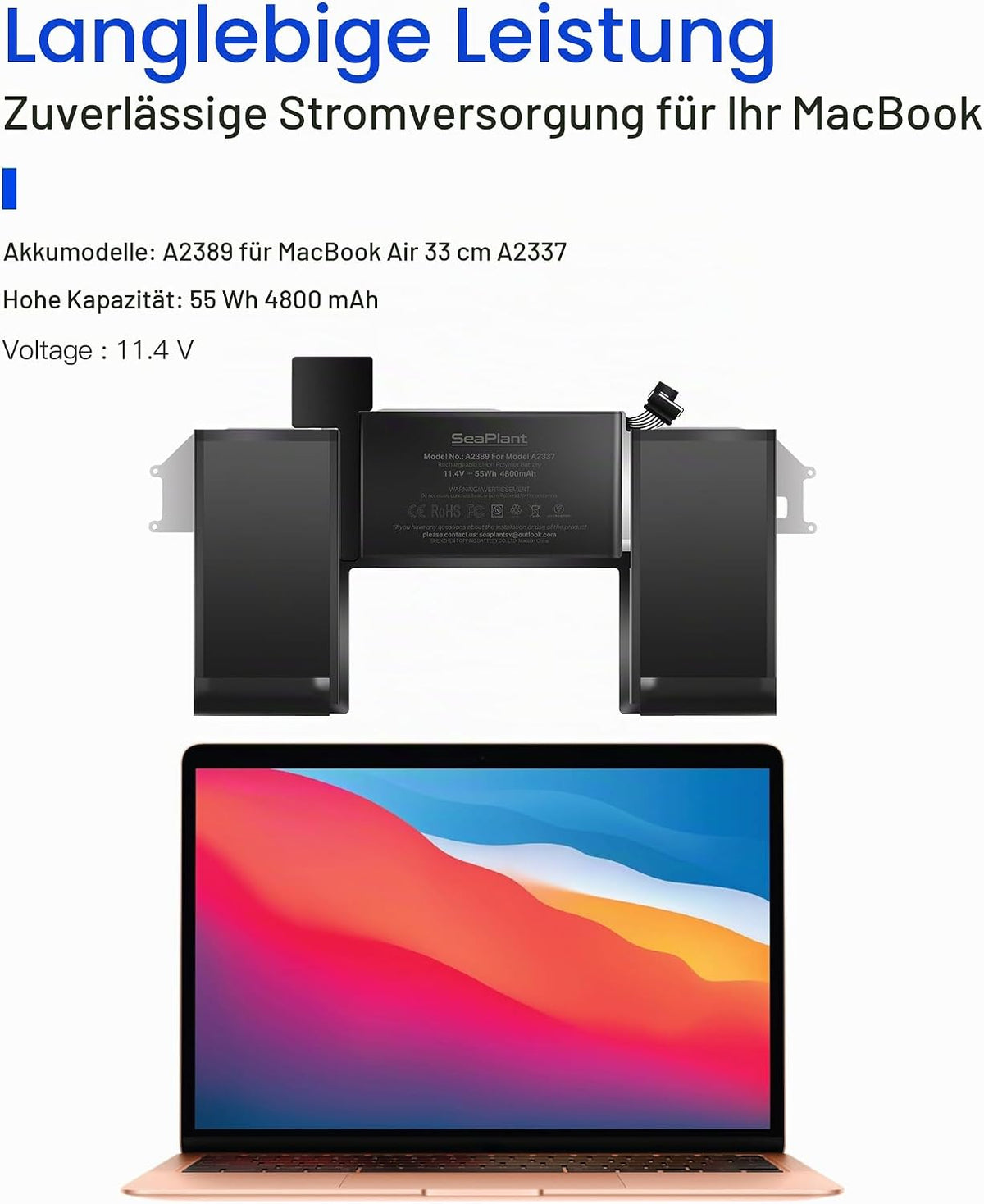 SeaPlant Akku für MacBook Air A2337, 13 Zoll, 2020 M1, A2389 11,4 V 4800 mAh 55 Wh; Akku A2389