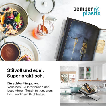 Semper Plastic Acryl Buchständer – Dekorativer aus bruchsicherem Acryl – Leseständer Kochbuchhalter grau zum Lesen und Präsentieren (Schräg)
